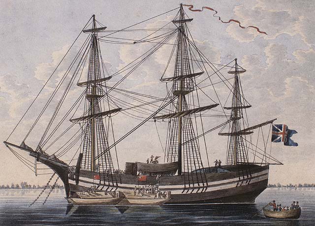 A watercolour on wove paper showing an anchored three-masted sailing ship surrounded by skiffs bringing passengers and loading supplies.